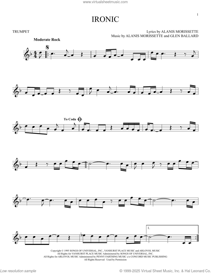 Ironic sheet music for trumpet solo by Alanis Morissette and Glen Ballard, intermediate skill level