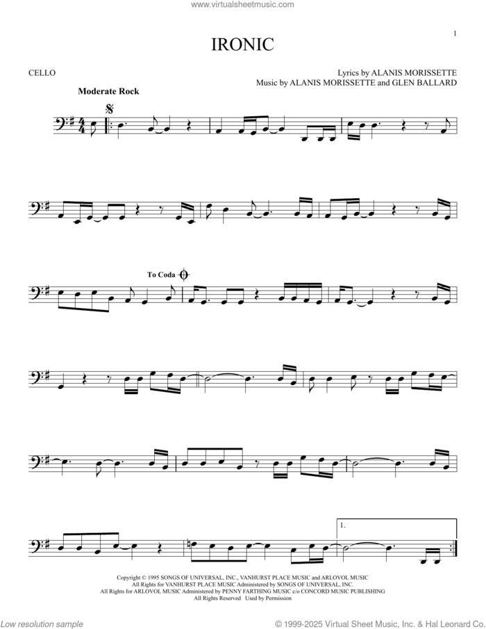 Ironic sheet music for cello solo by Alanis Morissette and Glen Ballard, intermediate skill level