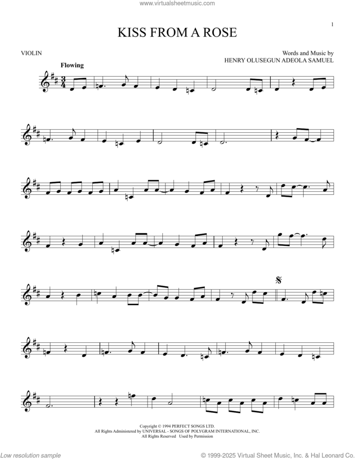 Kiss From A Rose sheet music for violin solo by Manuel Seal and Henry Olusegun Adeola Samuel, intermediate skill level