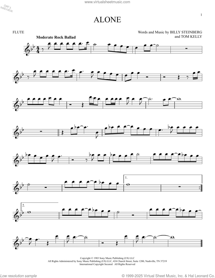 Alone sheet music for flute solo by Heart, Billy Steinberg and Tom Kelly, intermediate skill level