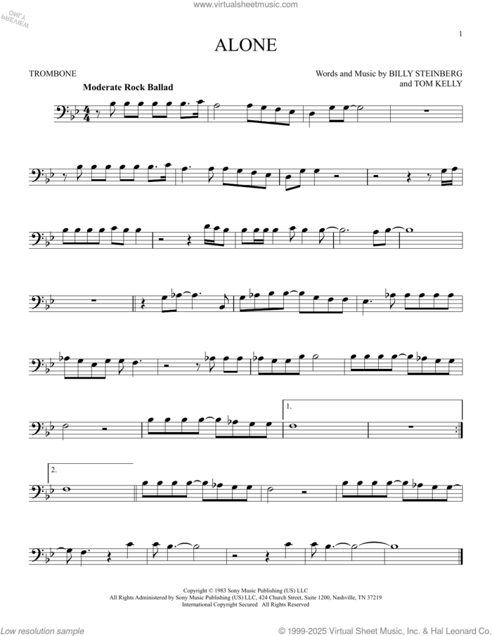 Alone sheet music for trombone solo by Heart, Billy Steinberg and Tom Kelly, intermediate skill level