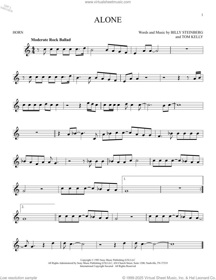 Alone sheet music for horn solo by Heart, Billy Steinberg and Tom Kelly, intermediate skill level