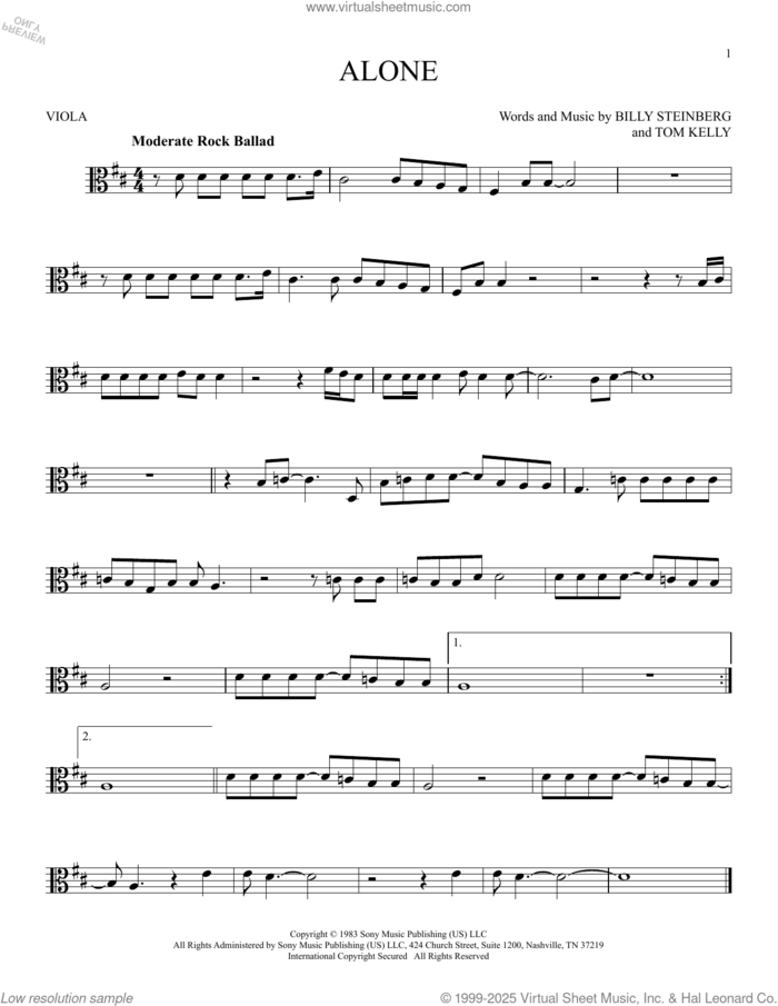 Alone sheet music for viola solo by Heart, Billy Steinberg and Tom Kelly, intermediate skill level