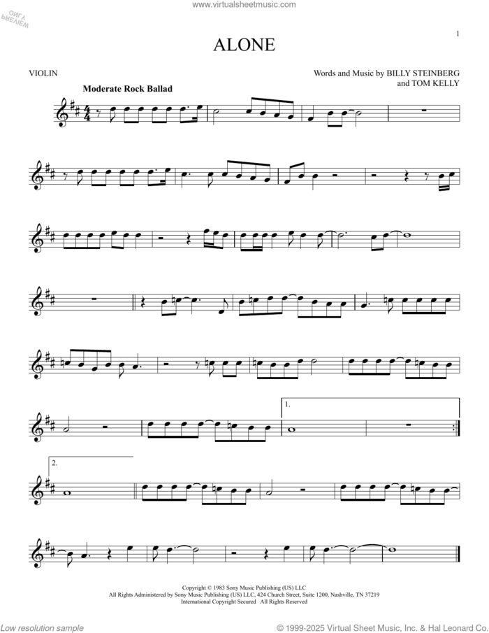 Alone sheet music for violin solo by Heart, Billy Steinberg and Tom Kelly, intermediate skill level