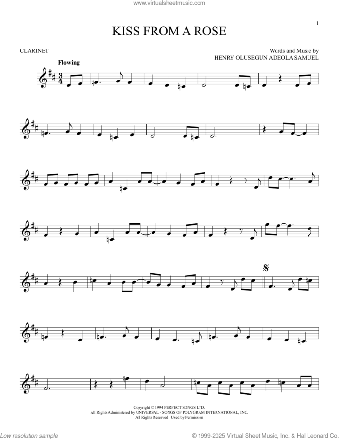 Kiss From A Rose sheet music for clarinet solo by Manuel Seal and Henry Olusegun Adeola Samuel, intermediate skill level