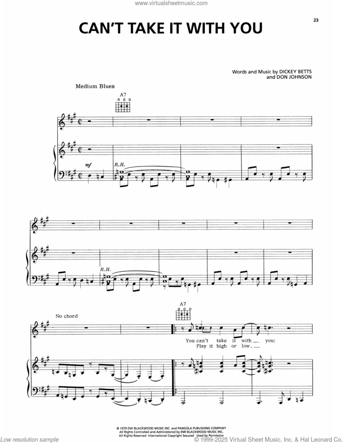 Can't Take It With You sheet music for voice, piano or guitar by The Allman Brothers Band, Dickey Betts and Don Johnson, intermediate skill level