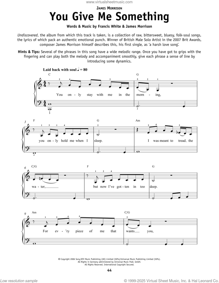 You Give Me Something, (beginner) sheet music for piano solo by James Morrison and Francis White, beginner skill level