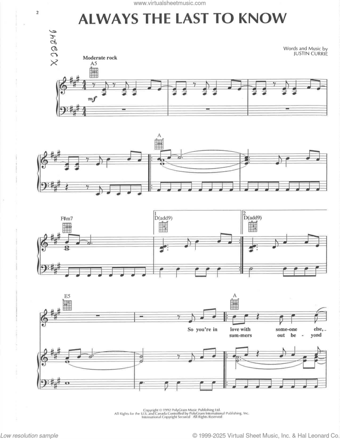 Always The Last To Know sheet music for voice, piano or guitar by Del Amitri and Justin Currie, intermediate skill level