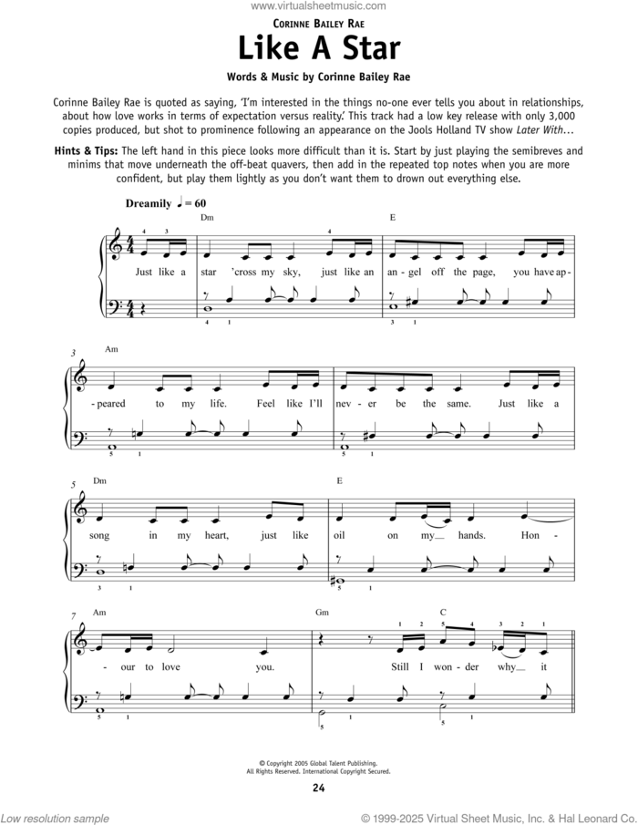 Like A Star, (beginner) sheet music for piano solo by Corinne Bailey Rae, wedding score, beginner skill level