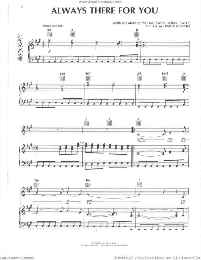 Always There For You sheet music for voice, piano or guitar by Stryper, Michael Sweet, Oz Fox, Robert Sweet and Timothy Gaines, intermediate skill level