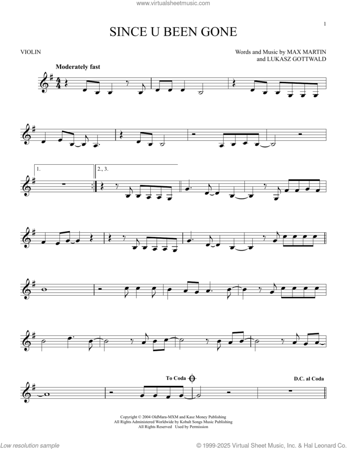 Since U Been Gone sheet music for violin solo by Kelly Clarkson, Lukasz Gottwald and Max Martin, intermediate skill level