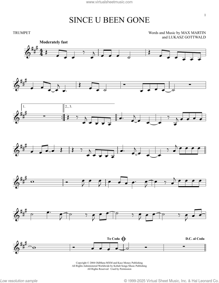 Since U Been Gone sheet music for trumpet solo by Kelly Clarkson, Lukasz Gottwald and Max Martin, intermediate skill level