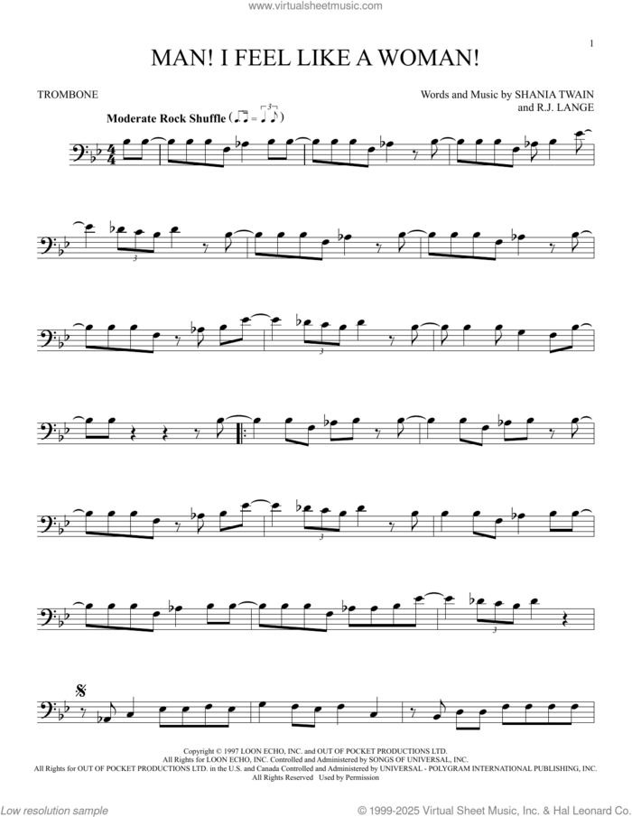 Man! I Feel Like A Woman! sheet music for trombone solo by Shania Twain and Robert John Lange, intermediate skill level