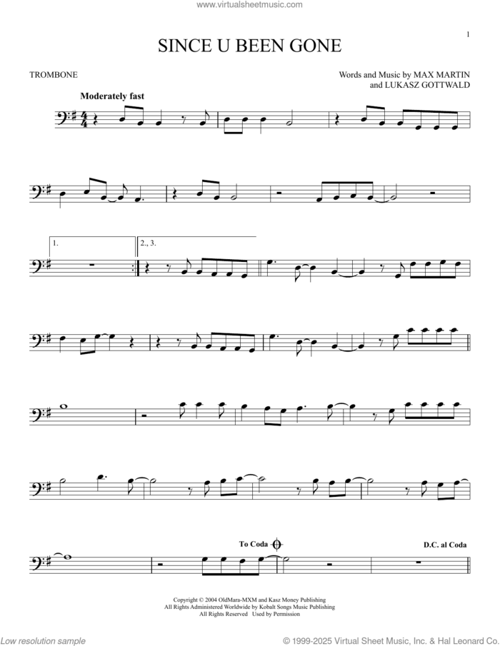 Since U Been Gone sheet music for trombone solo by Kelly Clarkson, Lukasz Gottwald and Max Martin, intermediate skill level