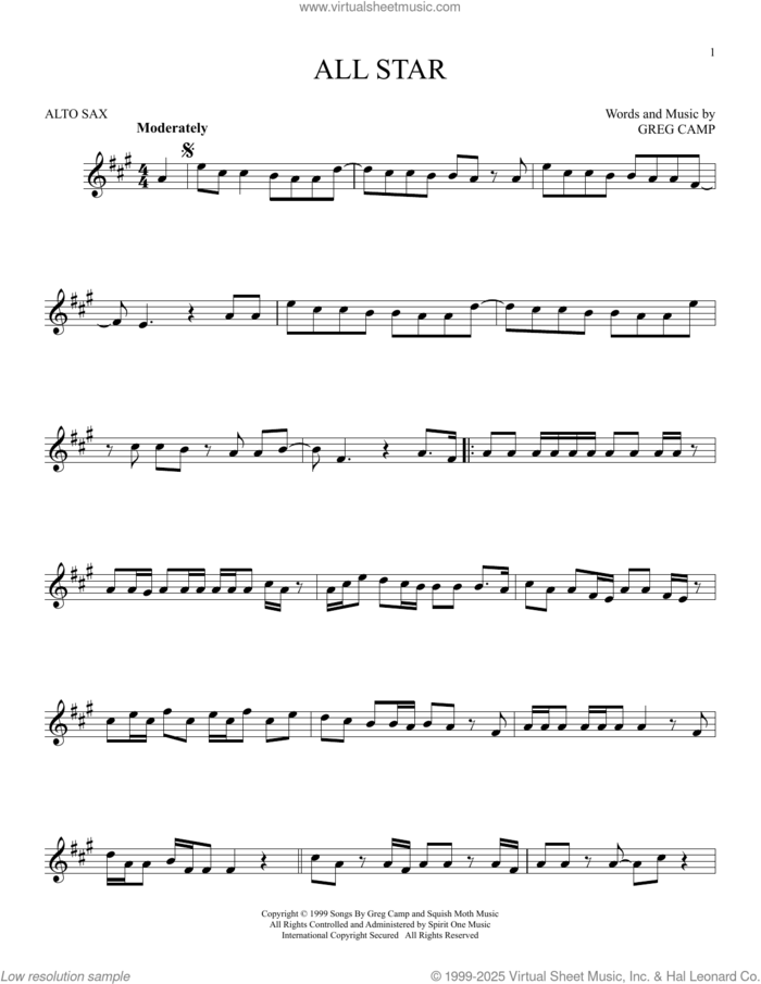 All Star sheet music for alto saxophone solo by Smash Mouth and Greg Camp, intermediate skill level