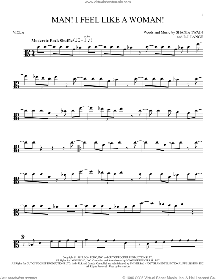 Man! I Feel Like A Woman! sheet music for viola solo by Shania Twain and Robert John Lange, intermediate skill level