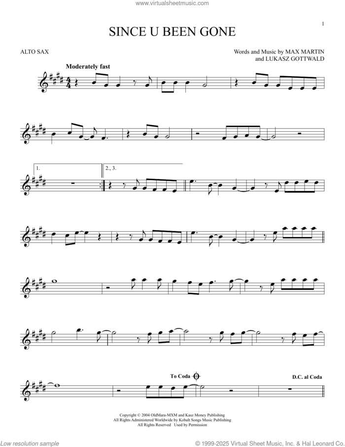 Since U Been Gone sheet music for alto saxophone solo by Kelly Clarkson, Lukasz Gottwald and Max Martin, intermediate skill level