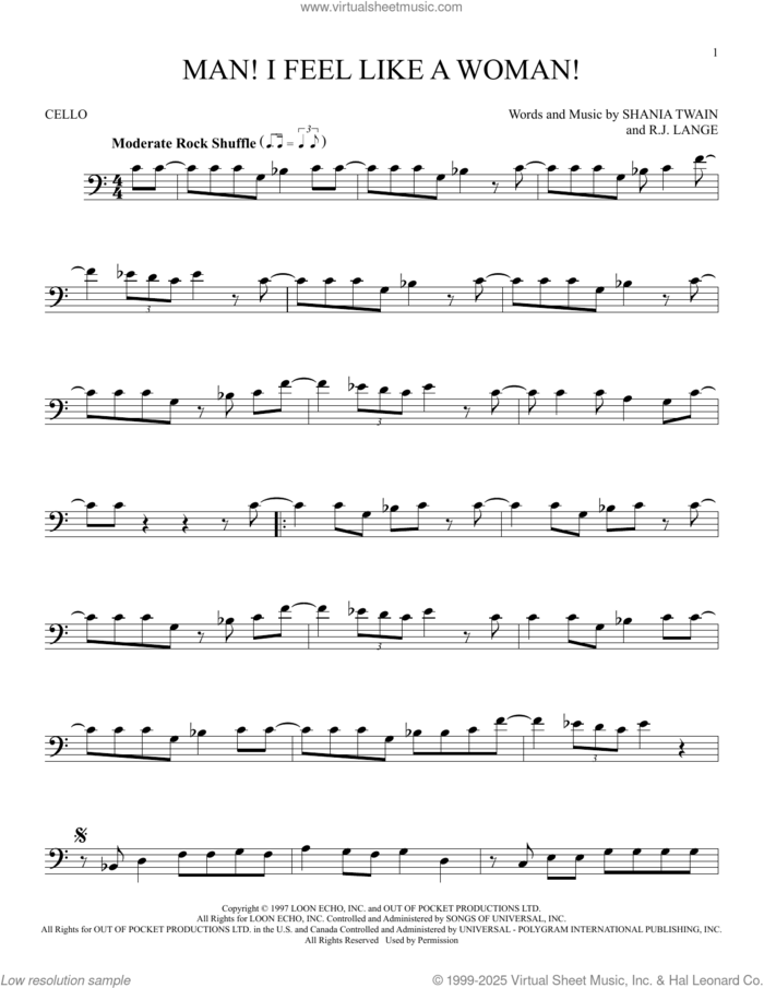 Man! I Feel Like A Woman! sheet music for cello solo by Shania Twain and Robert John Lange, intermediate skill level