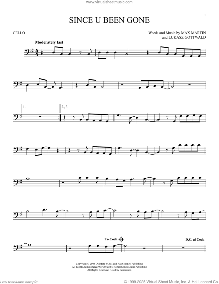 Since U Been Gone sheet music for cello solo by Kelly Clarkson, Lukasz Gottwald and Max Martin, intermediate skill level