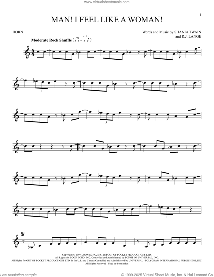 Man! I Feel Like A Woman! sheet music for horn solo by Shania Twain and Robert John Lange, intermediate skill level