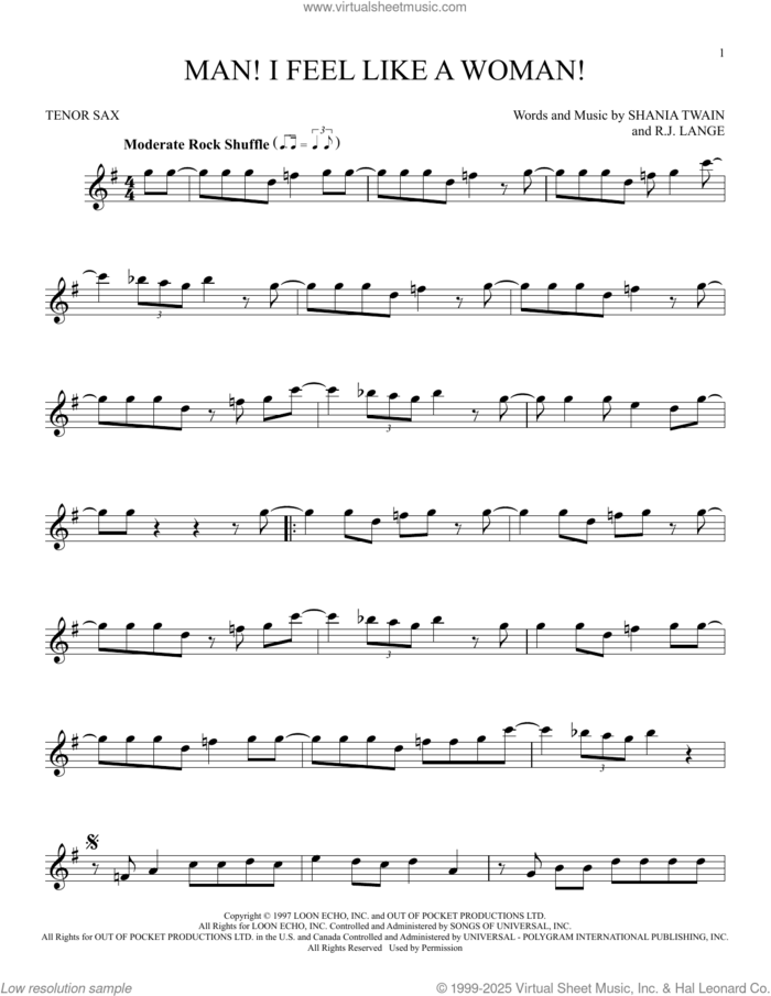 Man! I Feel Like A Woman! sheet music for tenor saxophone solo by Shania Twain and Robert John Lange, intermediate skill level