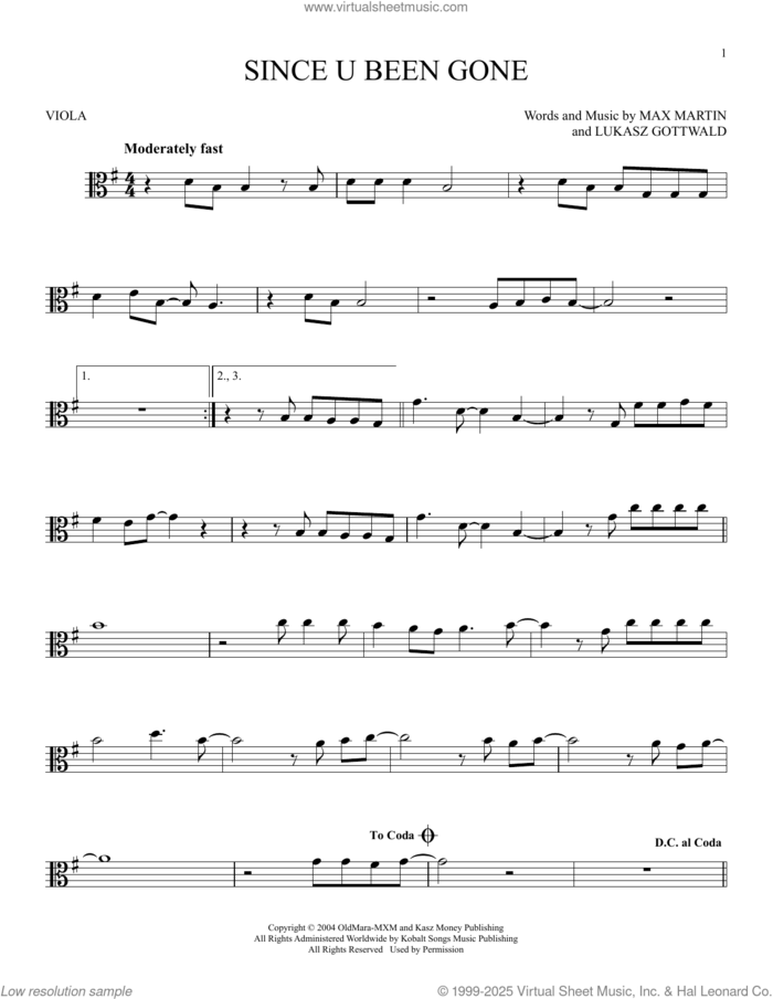 Since U Been Gone sheet music for viola solo by Kelly Clarkson, Lukasz Gottwald and Max Martin, intermediate skill level