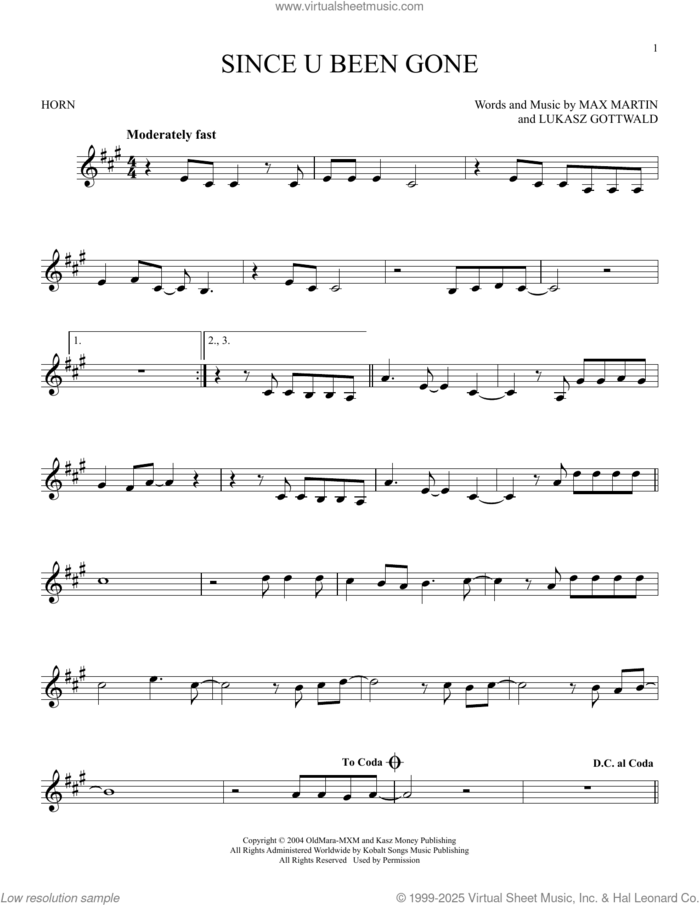 Since U Been Gone sheet music for horn solo by Kelly Clarkson, Lukasz Gottwald and Max Martin, intermediate skill level