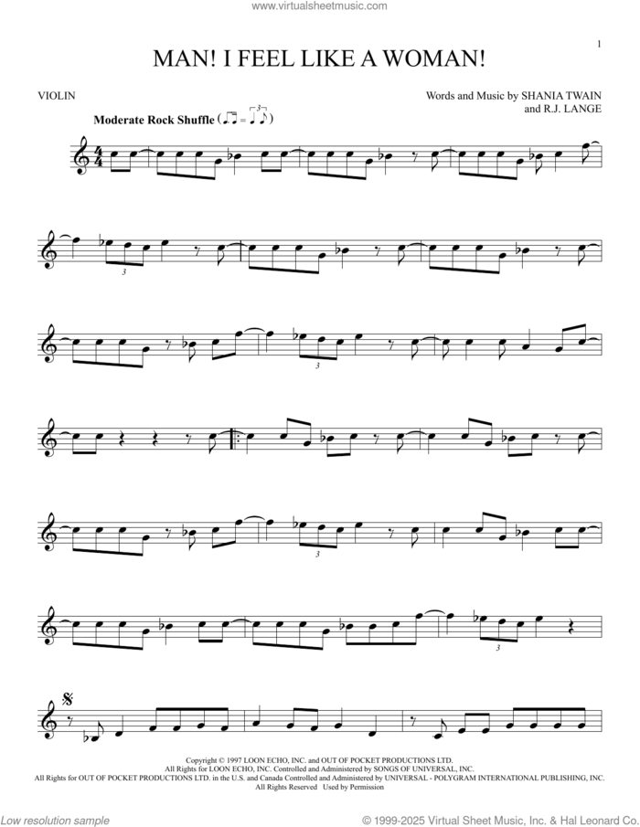 Man! I Feel Like A Woman! sheet music for violin solo by Shania Twain and Robert John Lange, intermediate skill level