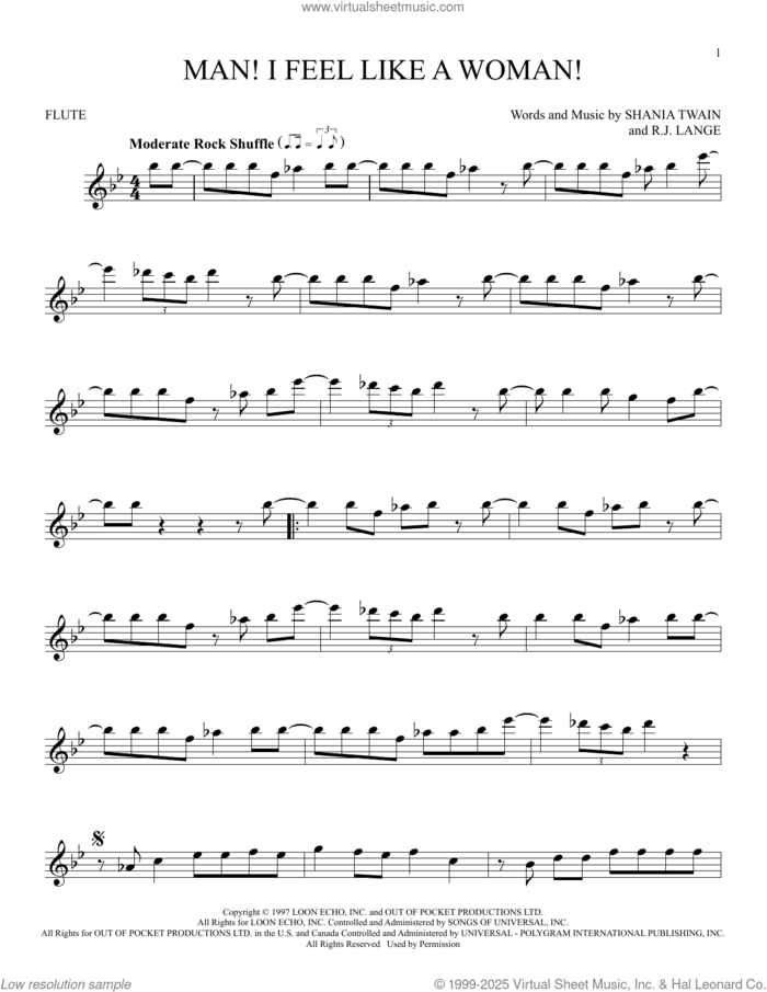 Man! I Feel Like A Woman! sheet music for flute solo by Shania Twain and Robert John Lange, intermediate skill level