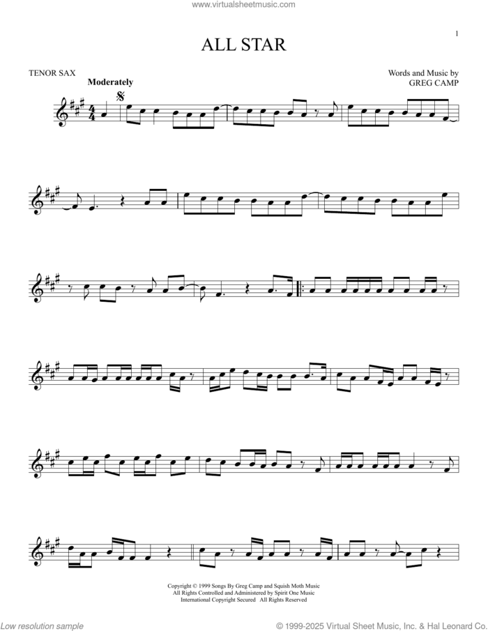 All Star sheet music for tenor saxophone solo by Smash Mouth and Greg Camp, intermediate skill level