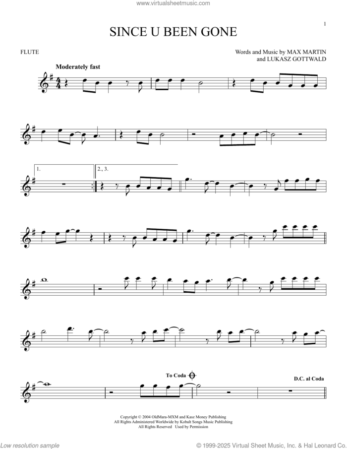 Since U Been Gone sheet music for flute solo by Kelly Clarkson, Lukasz Gottwald and Max Martin, intermediate skill level