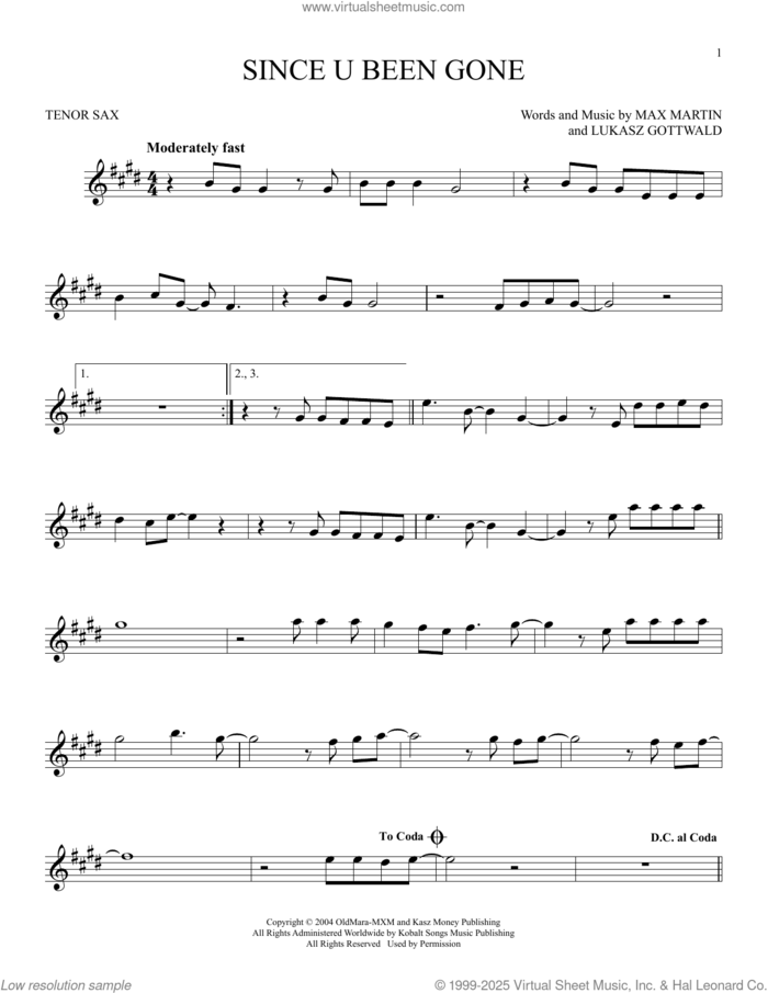 Since U Been Gone sheet music for tenor saxophone solo by Kelly Clarkson, Lukasz Gottwald and Max Martin, intermediate skill level