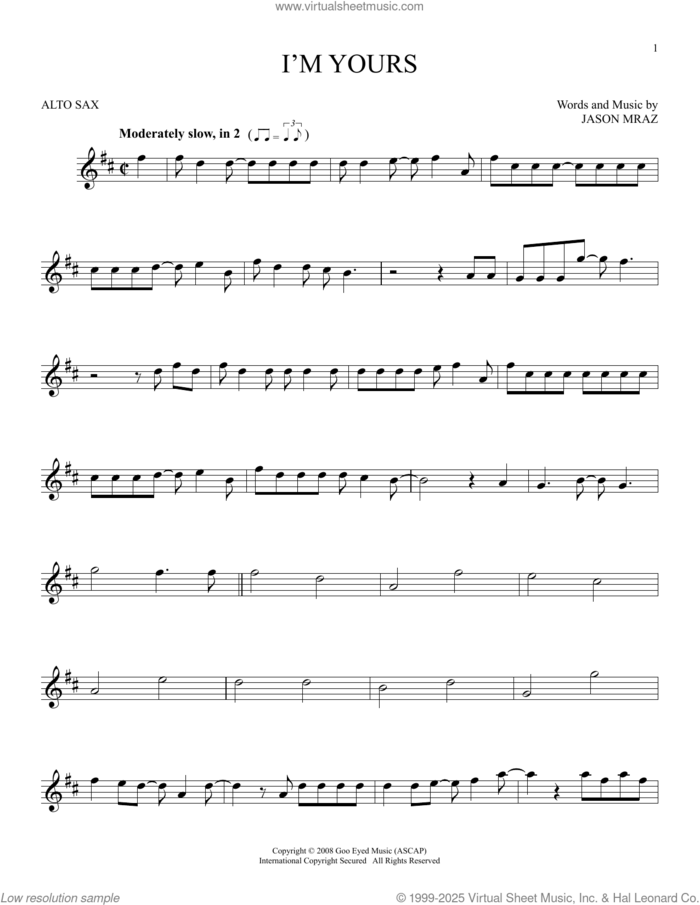 I'm Yours sheet music for alto saxophone solo by Jason Mraz, intermediate skill level