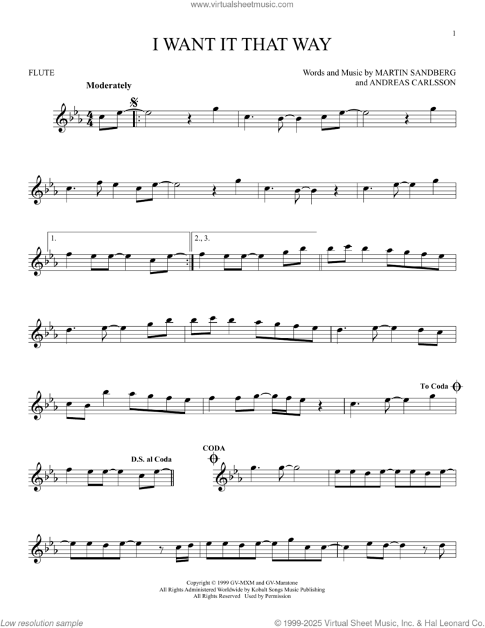 I Want It That Way sheet music for flute solo by Backstreet Boys, Andreas Carlsson and Max Martin, intermediate skill level