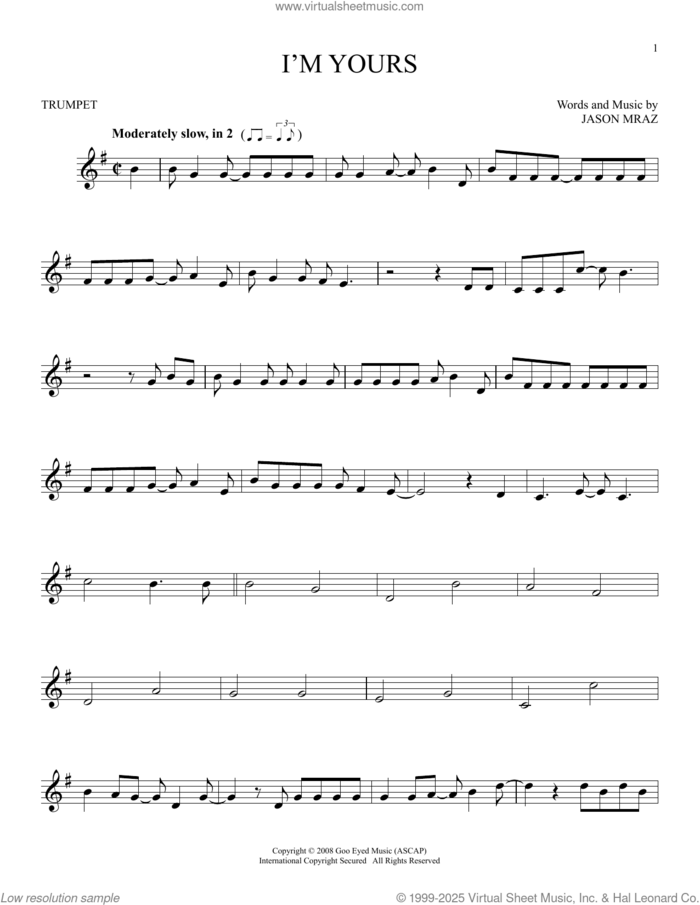 I'm Yours sheet music for trumpet solo by Jason Mraz, intermediate skill level