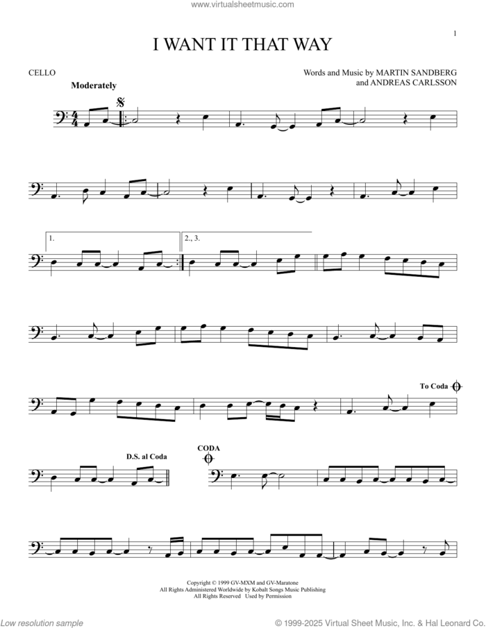 I Want It That Way sheet music for cello solo by Backstreet Boys, Andreas Carlsson and Max Martin, intermediate skill level