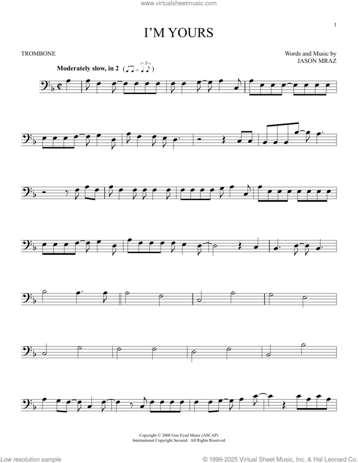 I'm Yours sheet music for trombone solo by Jason Mraz, intermediate skill level