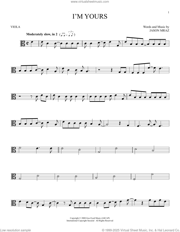 I'm Yours sheet music for viola solo by Jason Mraz, intermediate skill level