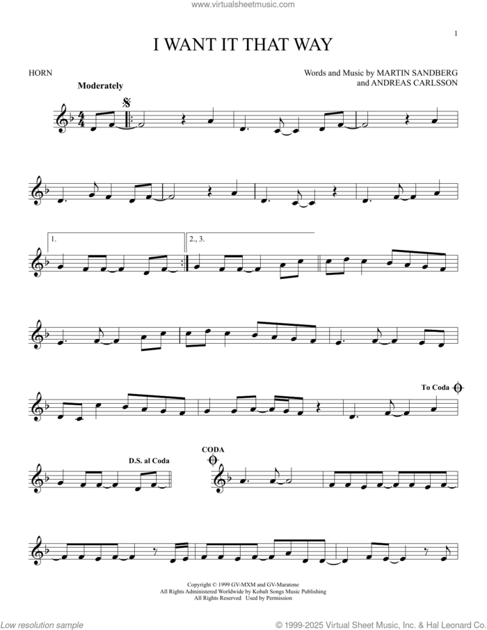 I Want It That Way sheet music for horn solo by Backstreet Boys, Andreas Carlsson and Max Martin, intermediate skill level