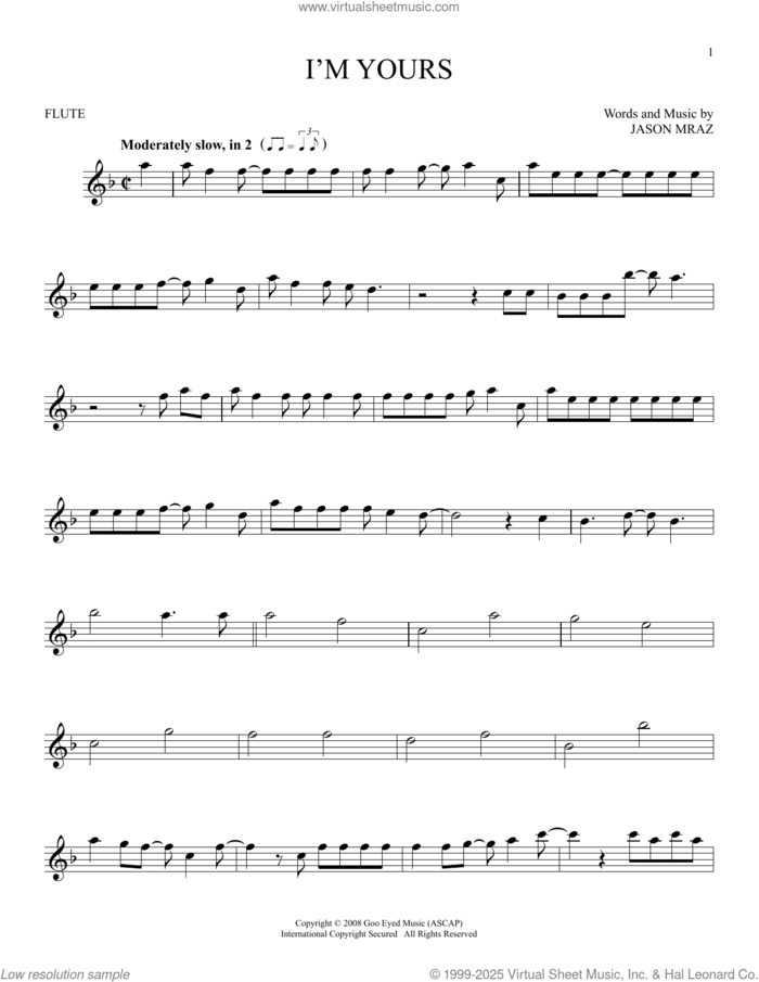 I'm Yours sheet music for flute solo by Jason Mraz, intermediate skill level