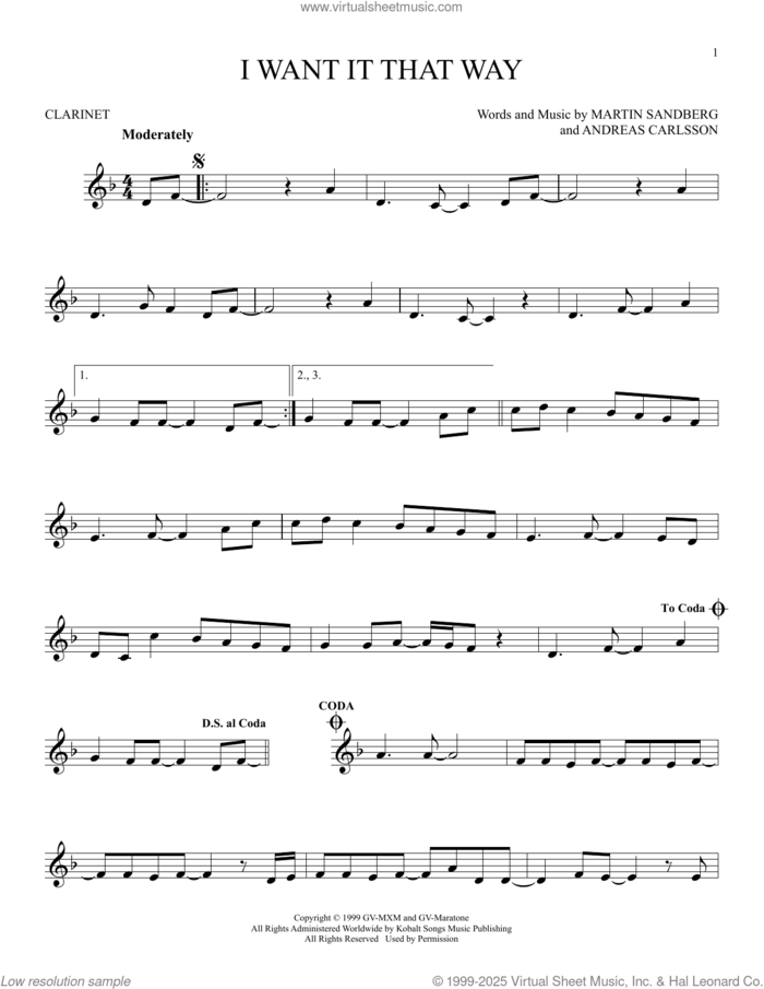 I Want It That Way sheet music for clarinet solo by Backstreet Boys, Andreas Carlsson and Max Martin, intermediate skill level