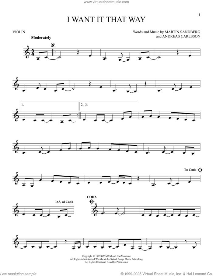 I Want It That Way sheet music for violin solo by Backstreet Boys, Andreas Carlsson and Max Martin, intermediate skill level