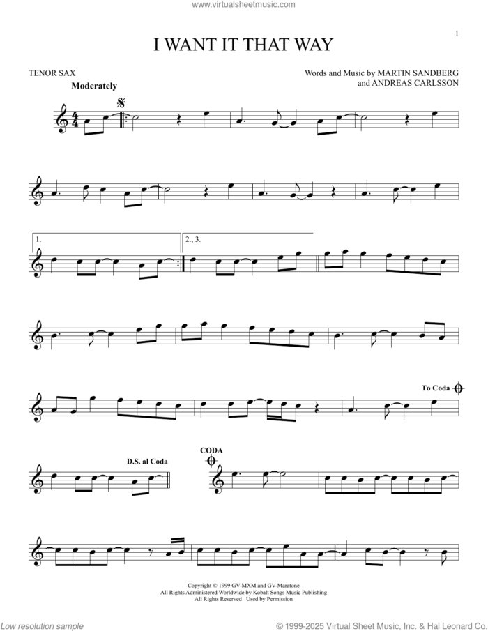 I Want It That Way sheet music for tenor saxophone solo by Backstreet Boys, Andreas Carlsson and Max Martin, intermediate skill level