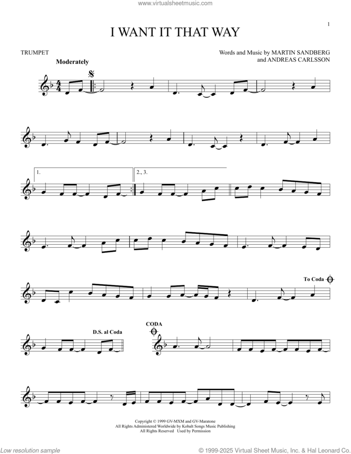 I Want It That Way sheet music for trumpet solo by Backstreet Boys, Andreas Carlsson and Max Martin, intermediate skill level