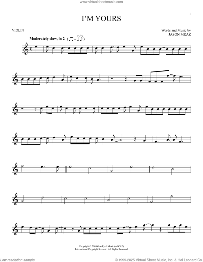 I'm Yours sheet music for violin solo by Jason Mraz, intermediate skill level