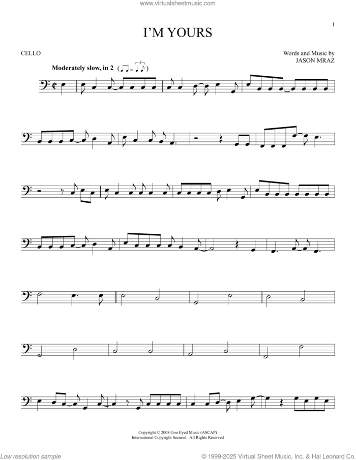 I'm Yours sheet music for cello solo by Jason Mraz, intermediate skill level