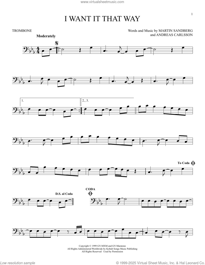 I Want It That Way sheet music for trombone solo by Backstreet Boys, Andreas Carlsson and Max Martin, intermediate skill level