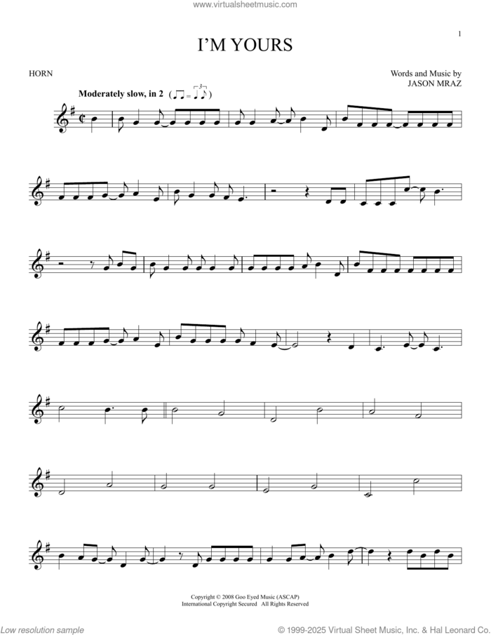 I'm Yours sheet music for horn solo by Jason Mraz, intermediate skill level