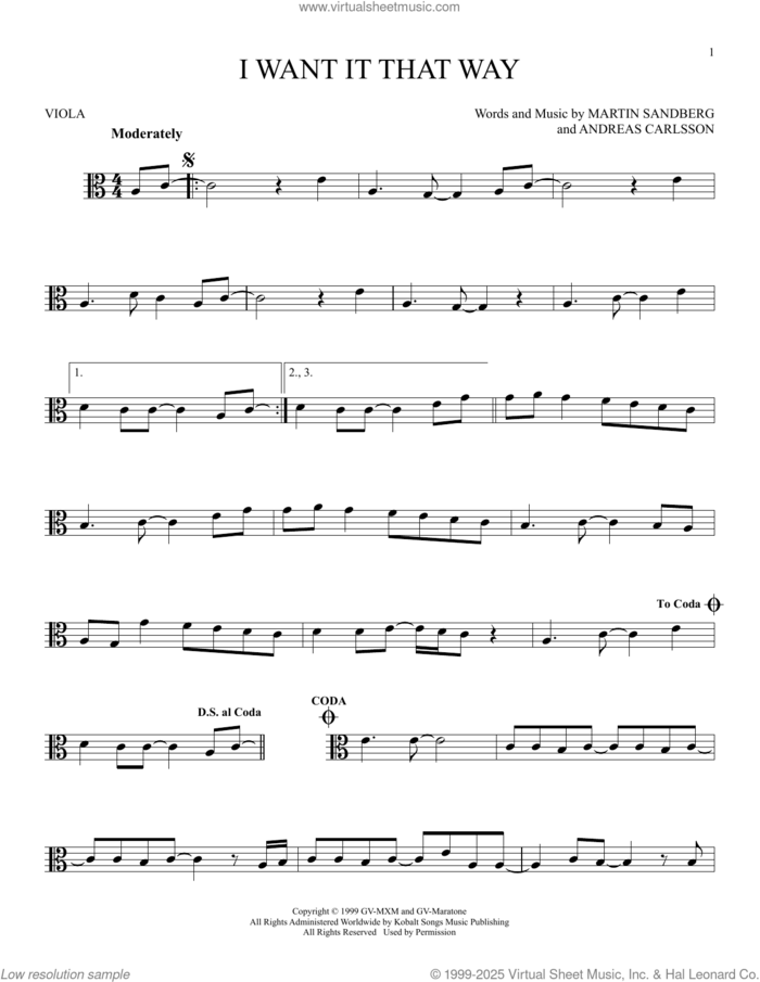 I Want It That Way sheet music for viola solo by Backstreet Boys, Andreas Carlsson and Max Martin, intermediate skill level