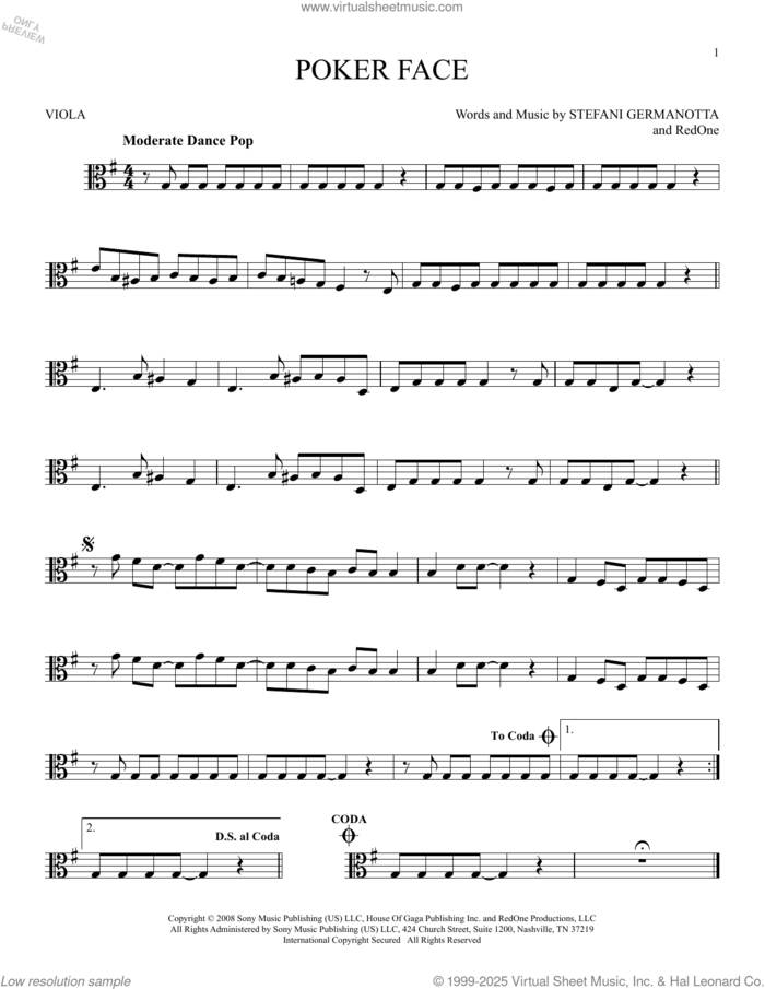 Poker Face sheet music for viola solo by Lady Gaga and RedOne, intermediate skill level